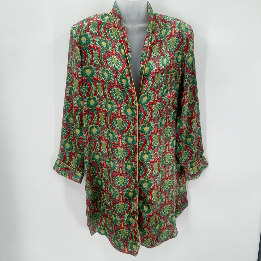 3/$15 VTG Gracie Bishop Nightgown Womens M Red Green Satin Button Long Slv FLAWS